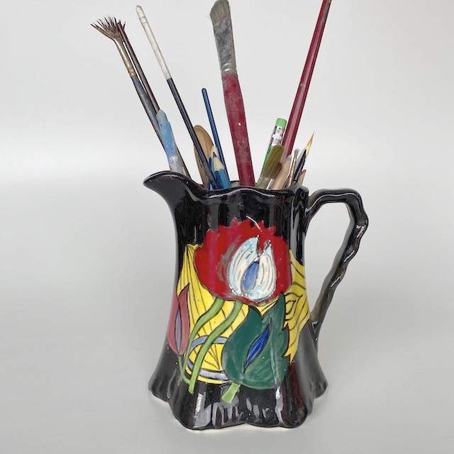 JUG, Black Red Yellow Flower w Paint Brushes